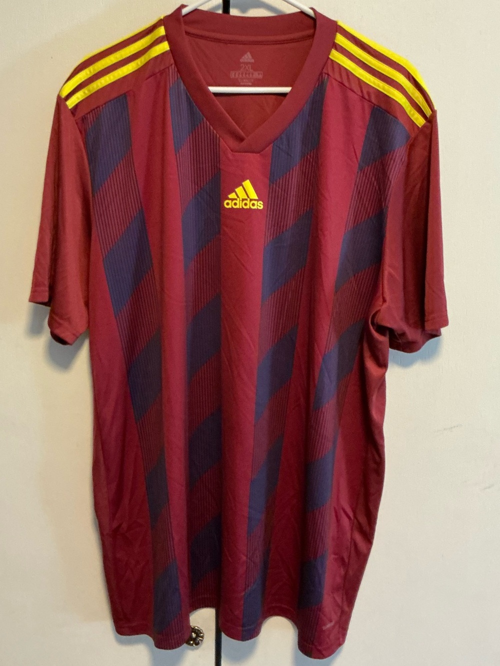 adidas Men's Maroon and Navy Soccer Jersey with Yellow Accents
